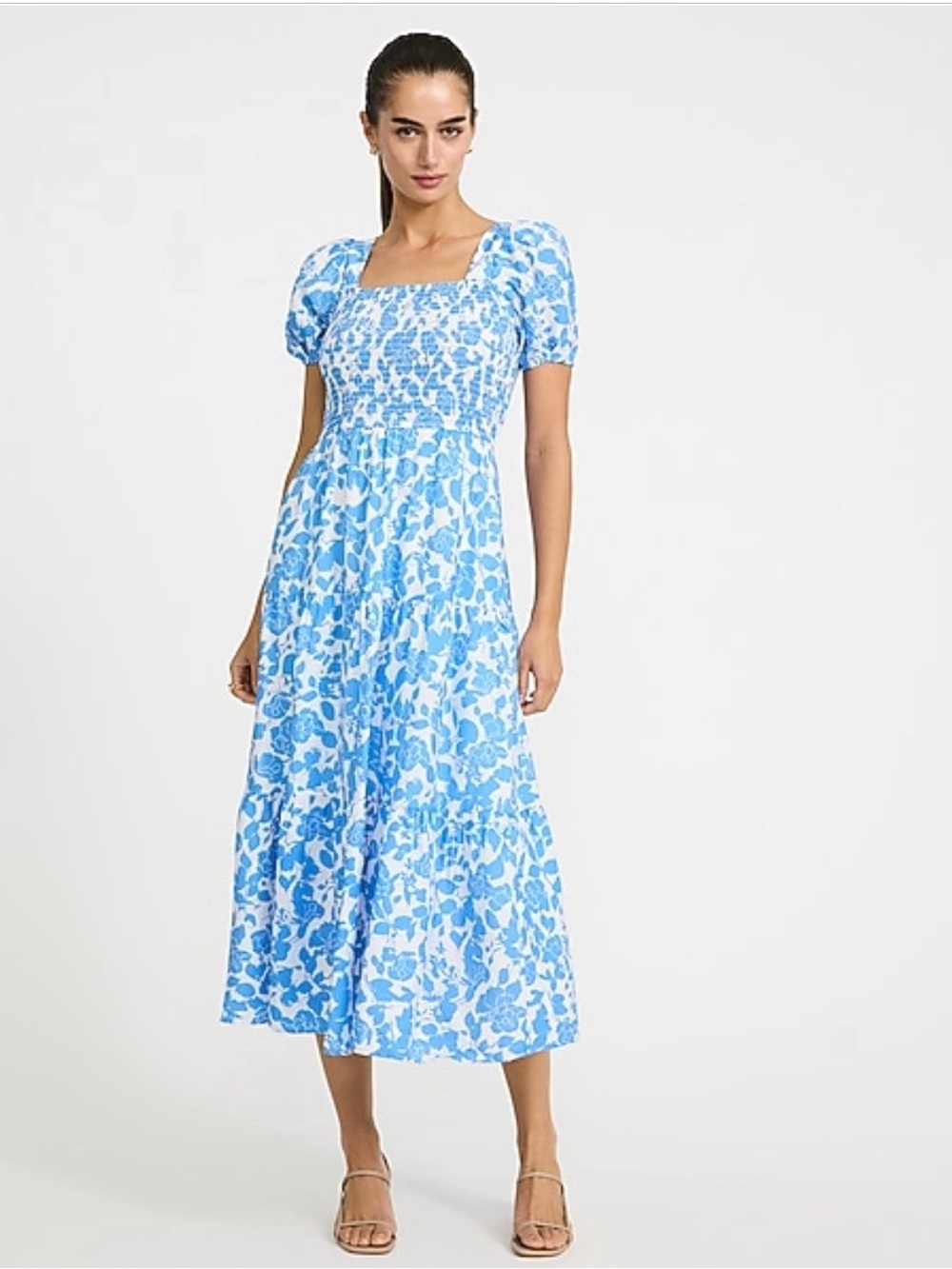 NWT Express Floral Square Neck Puff Sleeve Smocked Midi Dress - size Large